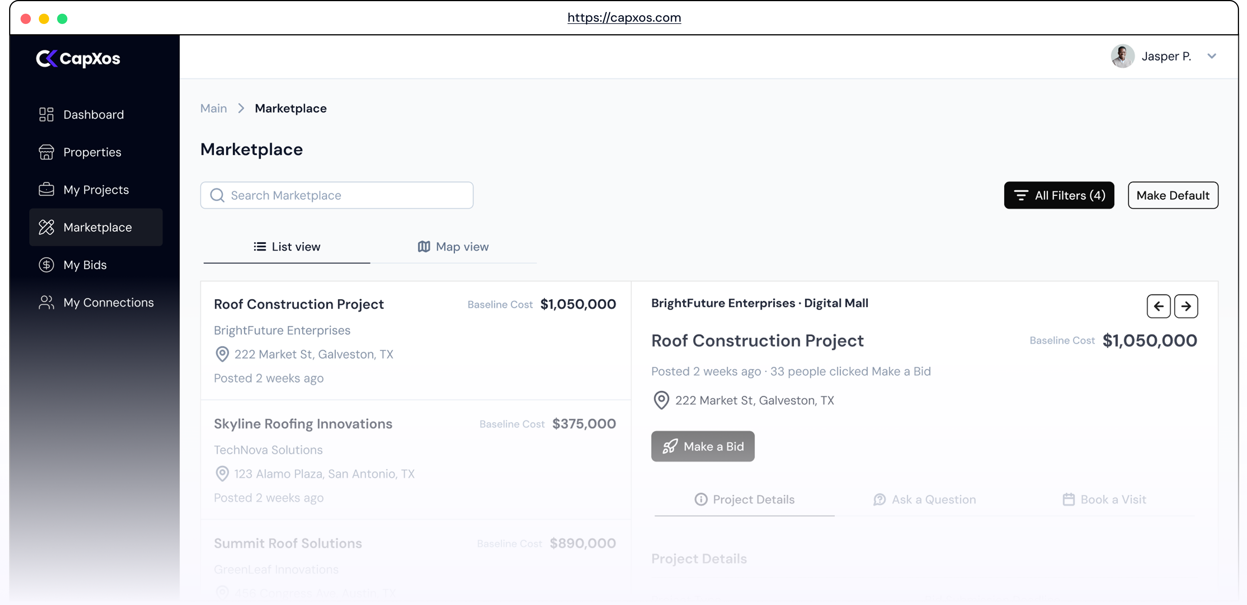 CapXos Marketplace dashboard showing a list and detailed view of construction projects with filters, search bar, and project cost details.